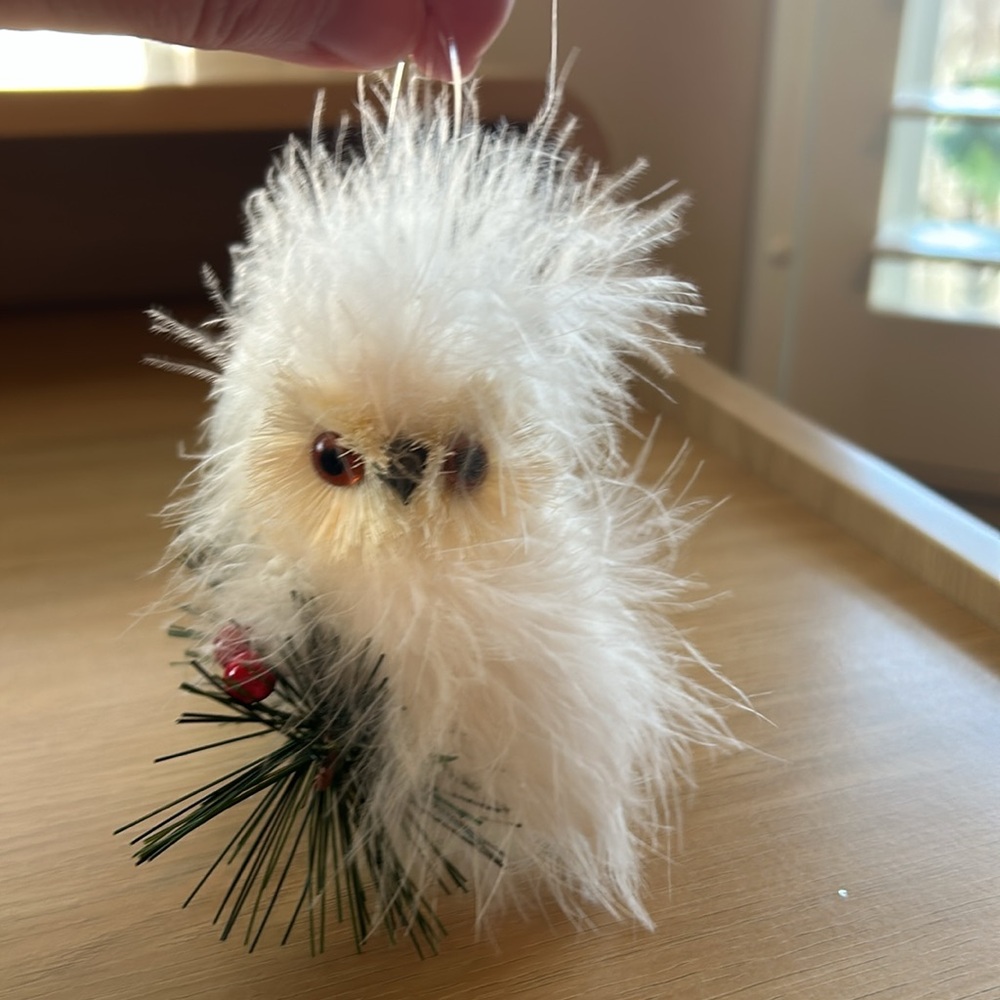 EUC Pier 1 Christmas Holiday Snowy Owl Tree Ornament with Holly Sprig